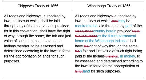 A chart showing side-by-side comparison of the language used in the seventeen eighteen hundred and fifty-five Chippewa Treaty and the eighteen hundred and fifty-five Winnebago Treaty