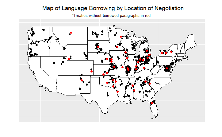 A map showing treaties by location of negotiation. Treaties that did not borrow language from other agreements are higlighted in red.