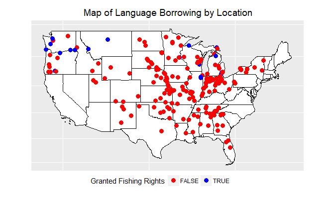 A map showing language borrowing in treaties by location of impact. Treaties that explicitly granted fishing rights are highlighted in blue.