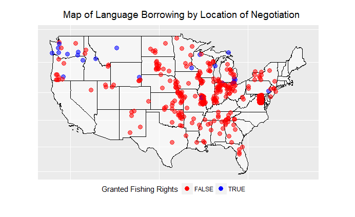 A map showing language borrowing in treaties by location of negotiation. Treaties that explicitly granted fishing rights are highlighted in blue.