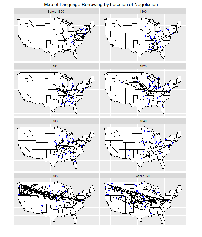 Series of maps showing language borrowing networks based upon the location of negotiation by decade
