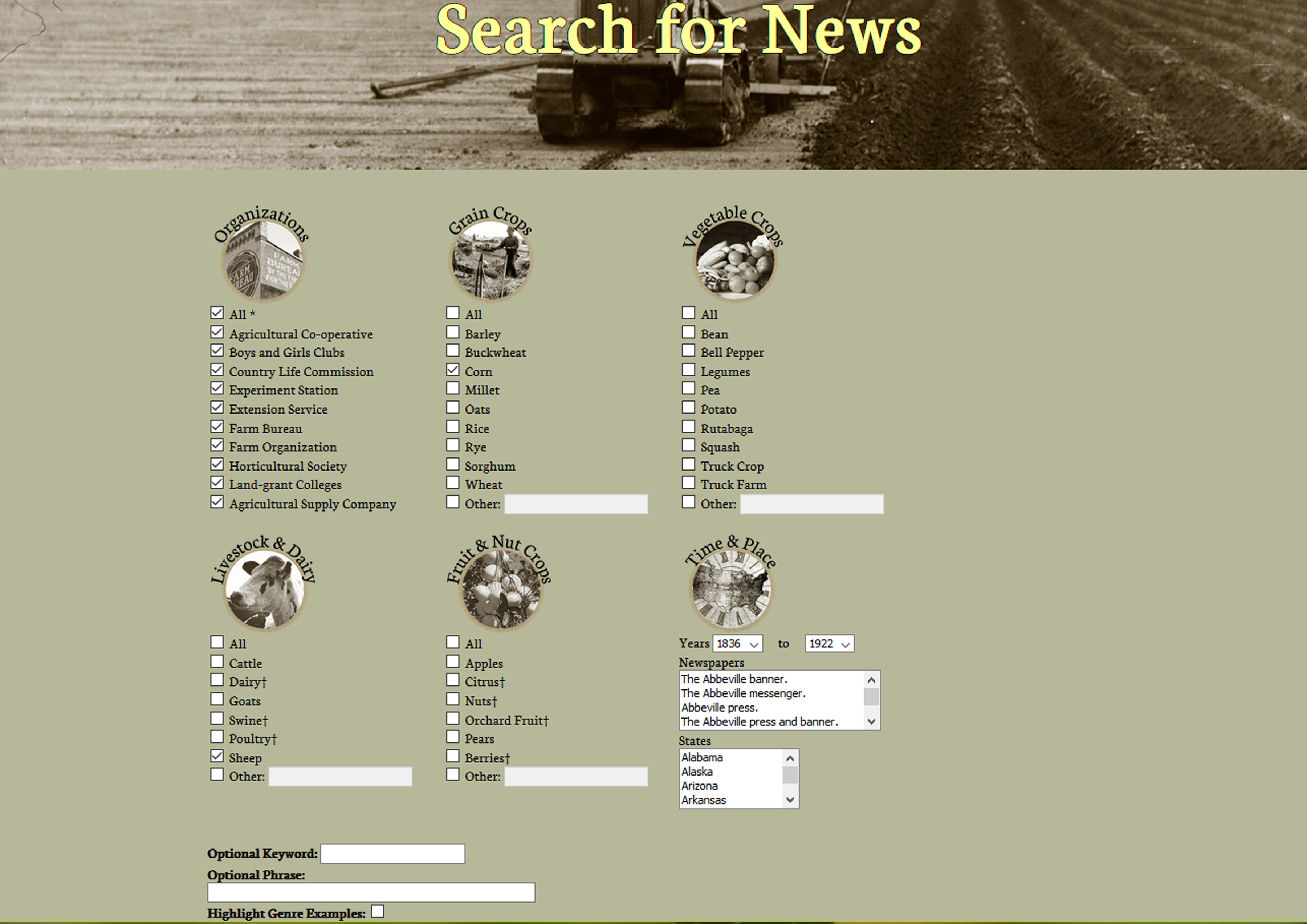A screenshot of the search screen for the Historical Agricultural News website