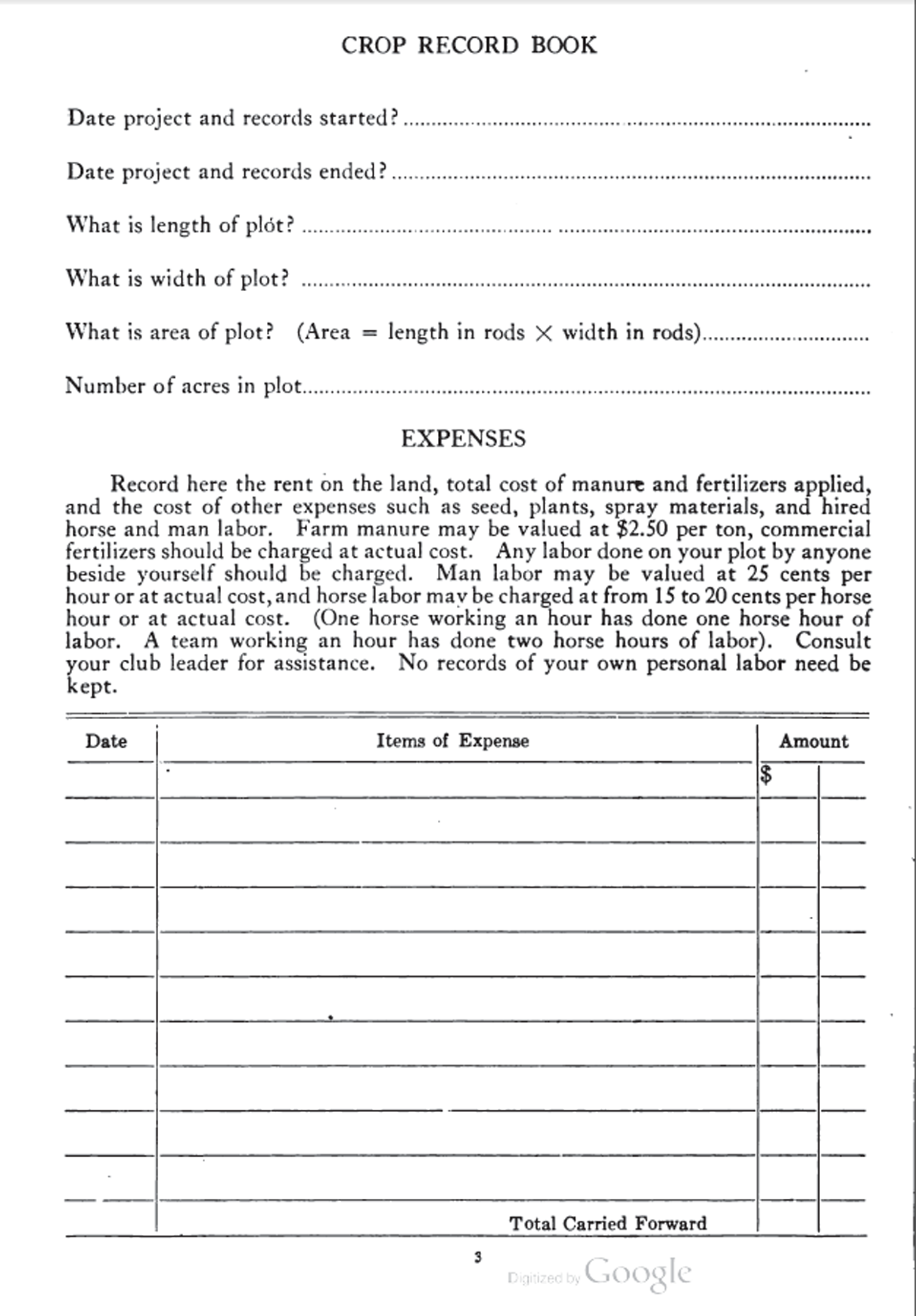 Example page from a crop record book used for Boys’ and Girls’ Club agricultural work in Illinois
