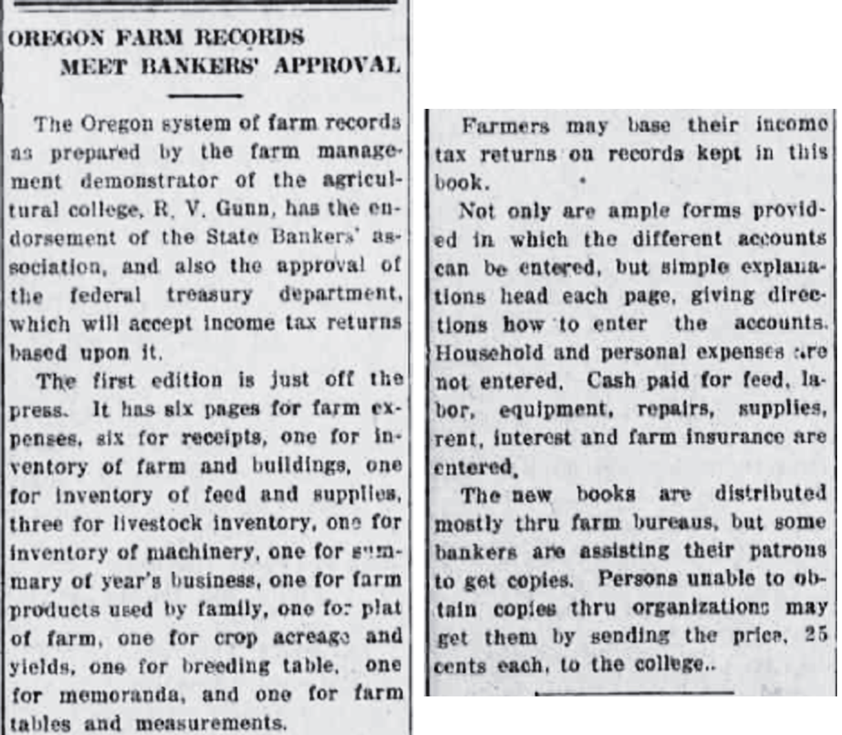 Black and white image of newspaper article entitled "Oregon Farm Records Meet Bankers Approval"