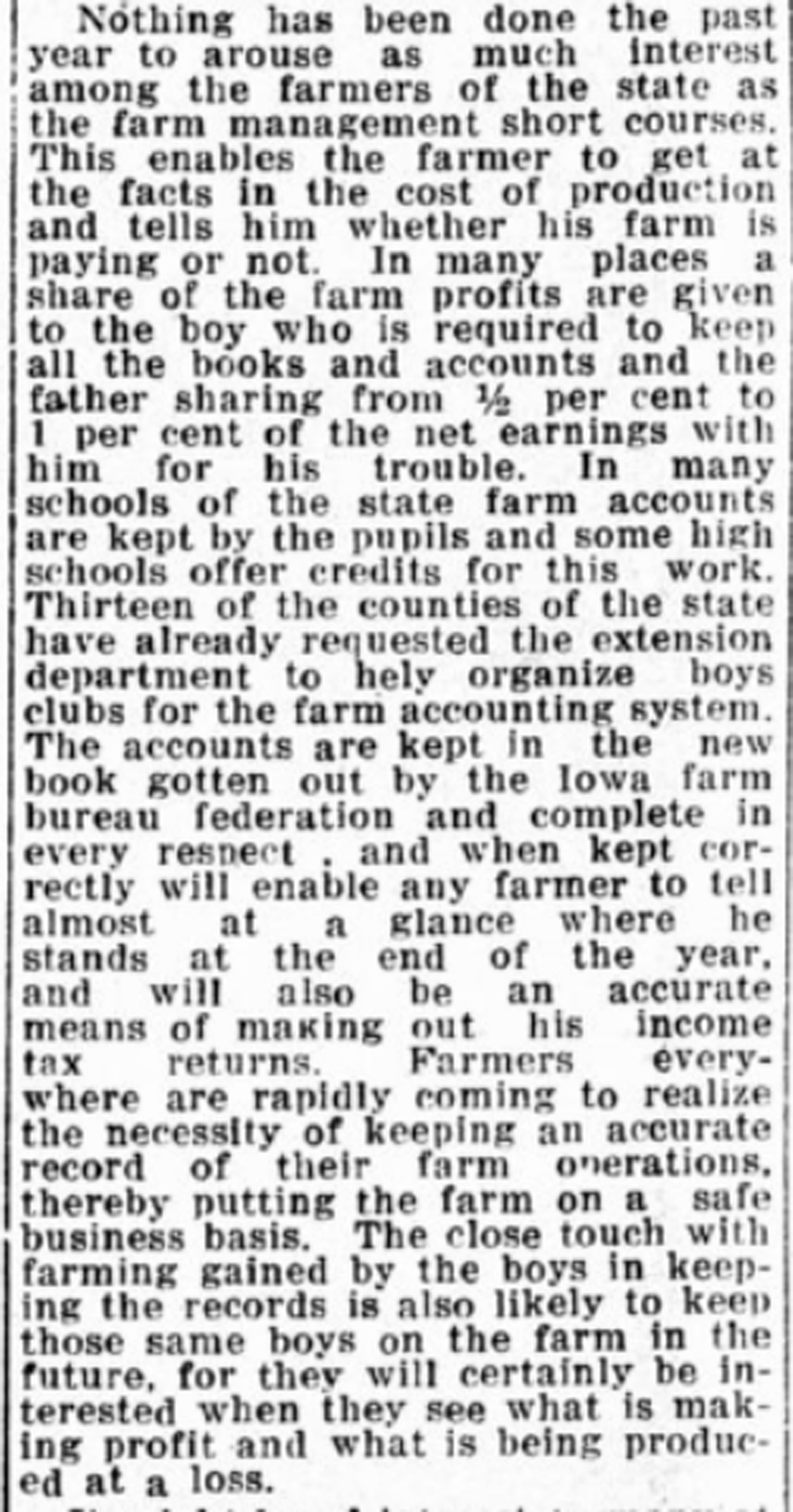 Black and white image of newspaper article about the benefits of keeping a farm record book