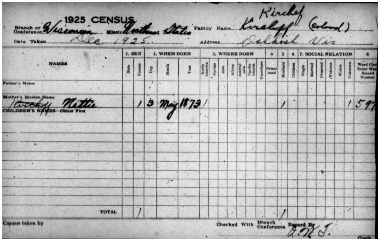 Black and white image of LDS Census Record, which has the word “colored” written in the upper righthand corner