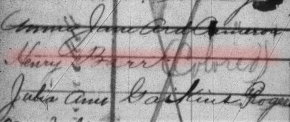 Black and white image of a baptismal record, cropped to show just the entry for Henry Barr, with the word “colored” written next to his name.