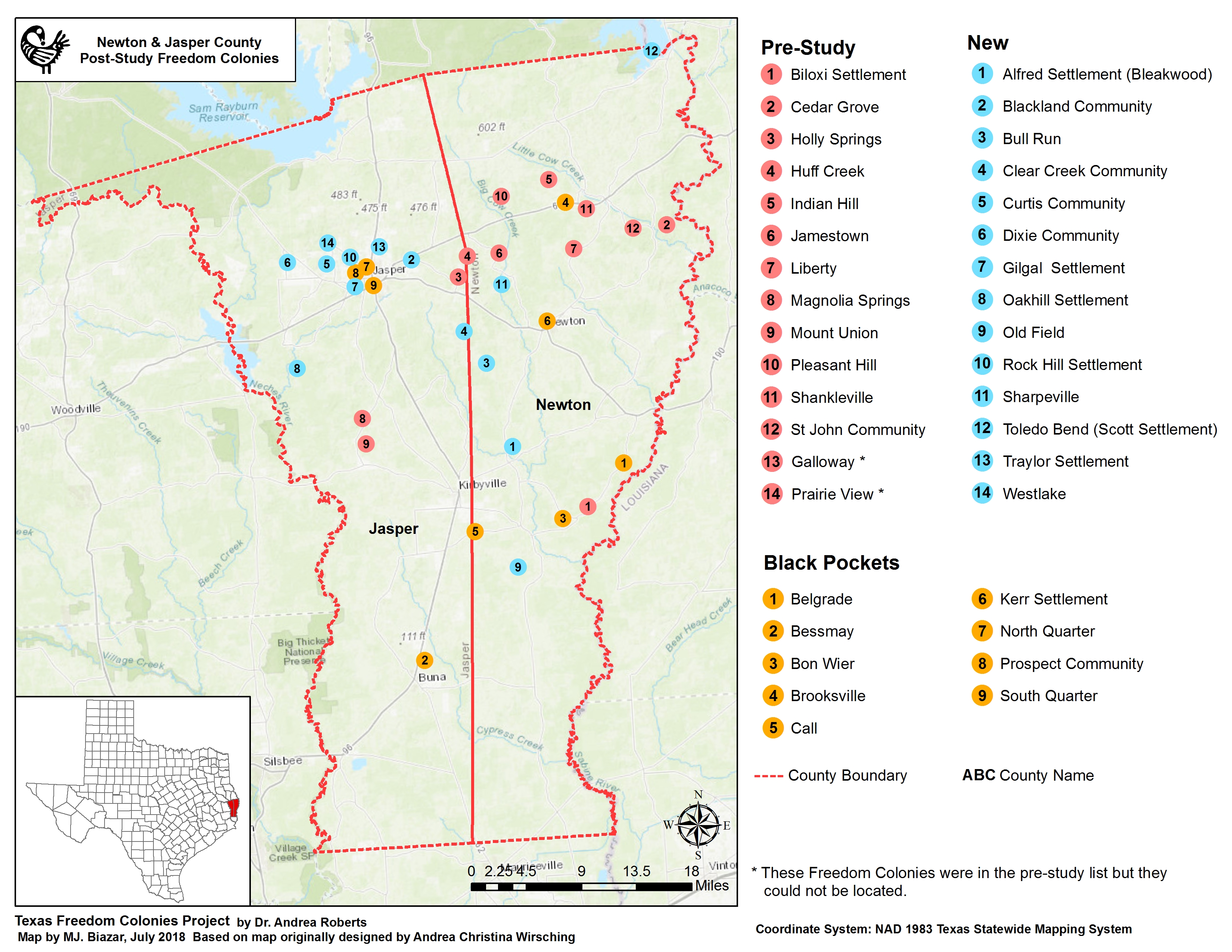Map showing fourteen new freedom colonies in Newton and Jasper counties revealed through two years of ethnographic research.