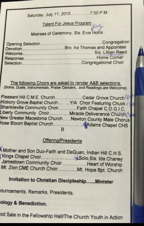 Photograph of paper program from the 2015 Pleasant Hill Homecoming Celebration, listing names of participating choirs and individuals.