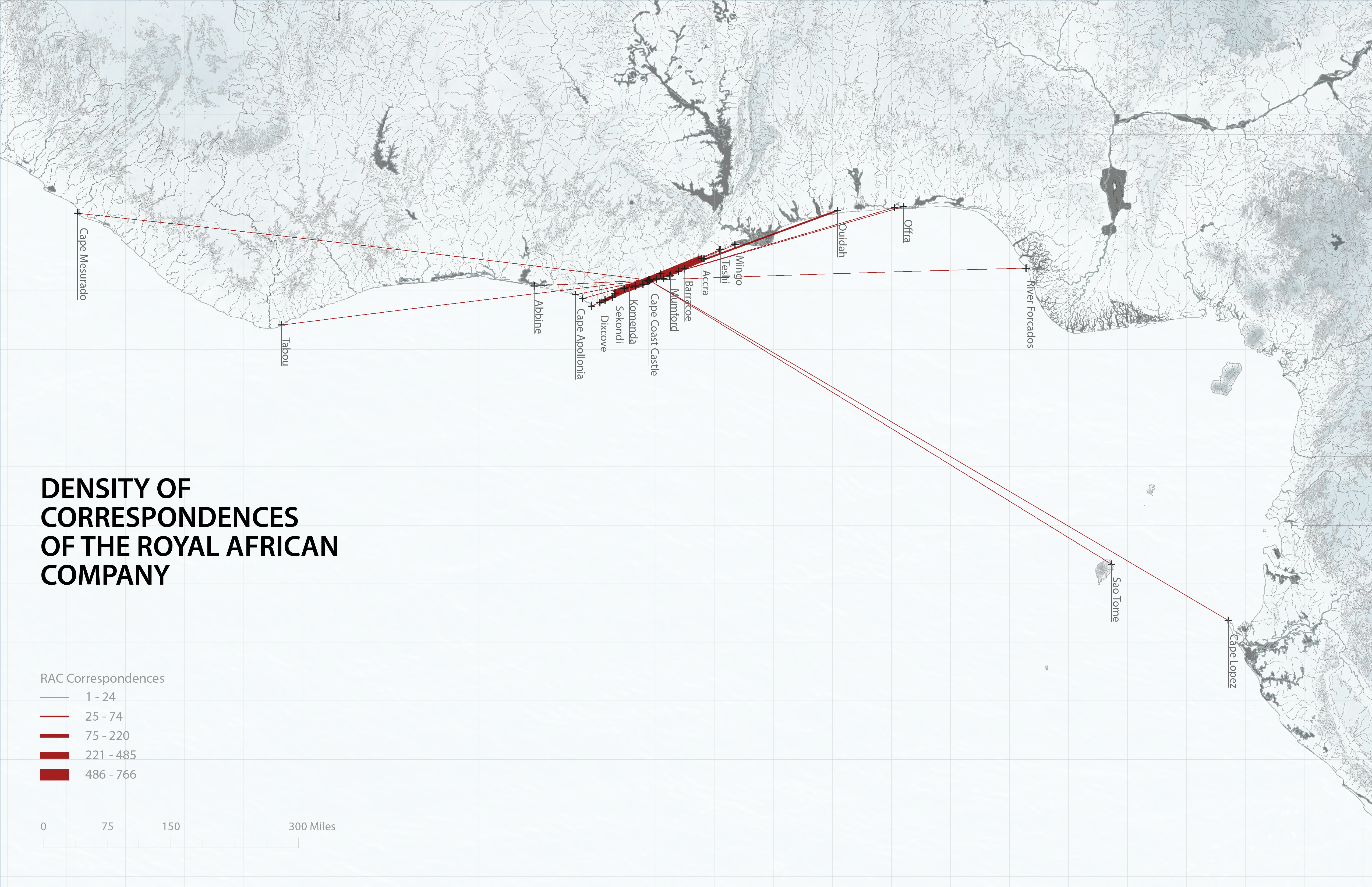 Map showing the density of correspondences of the Royal African Company.