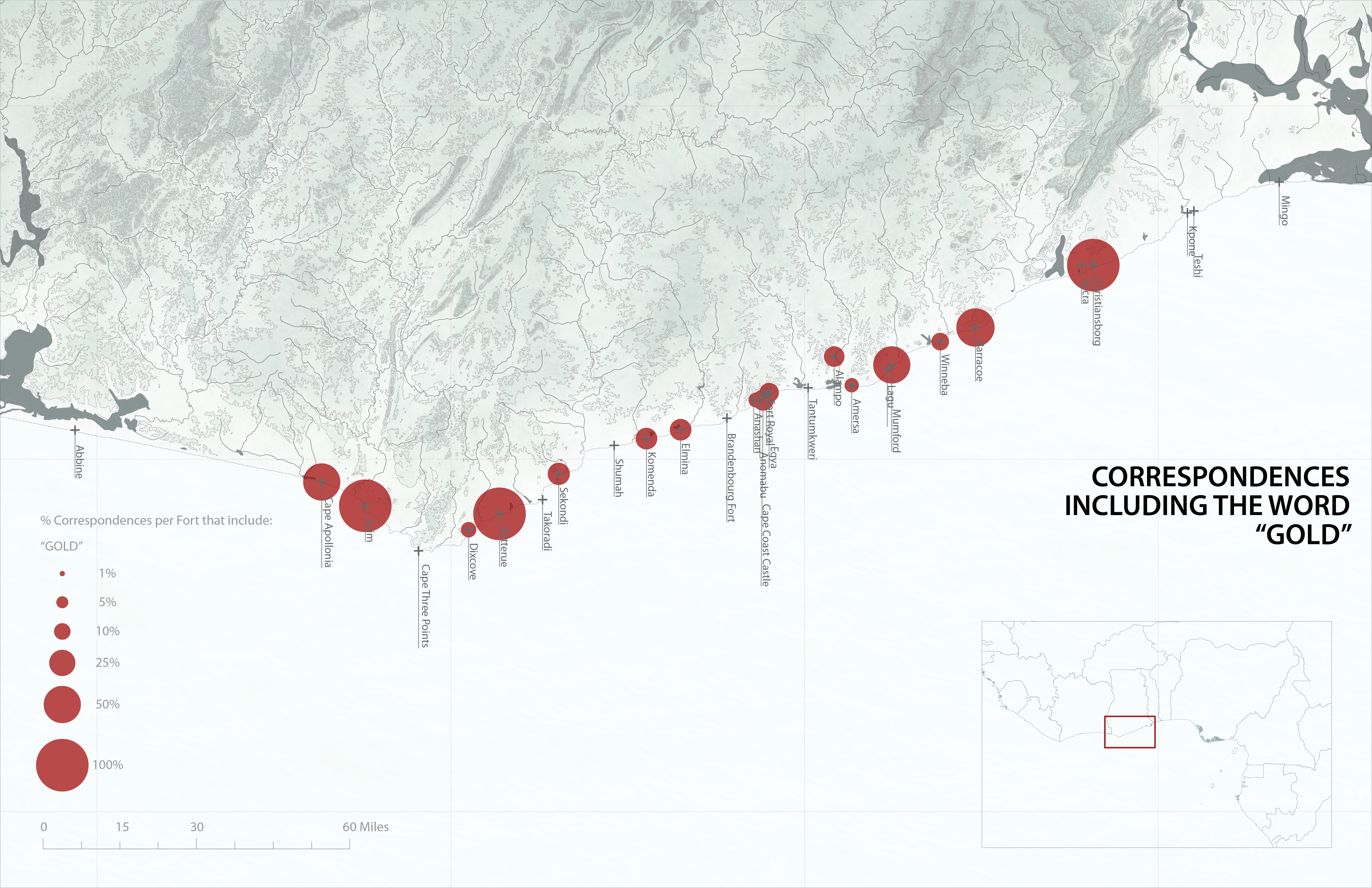 Map showing correspondence including the word "Gold."