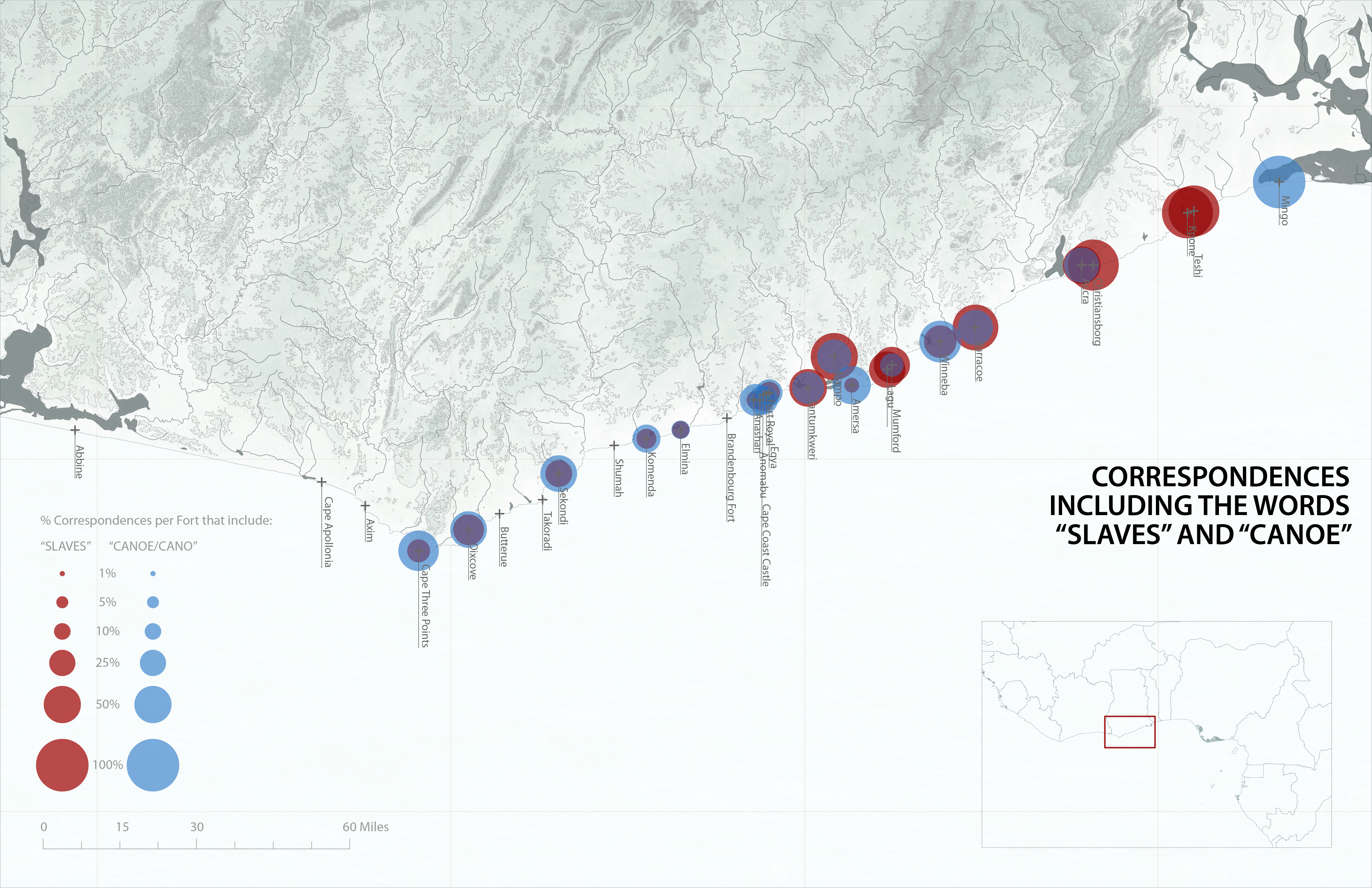 Map showing correspondence including the words "Slaves" and "Canoe."