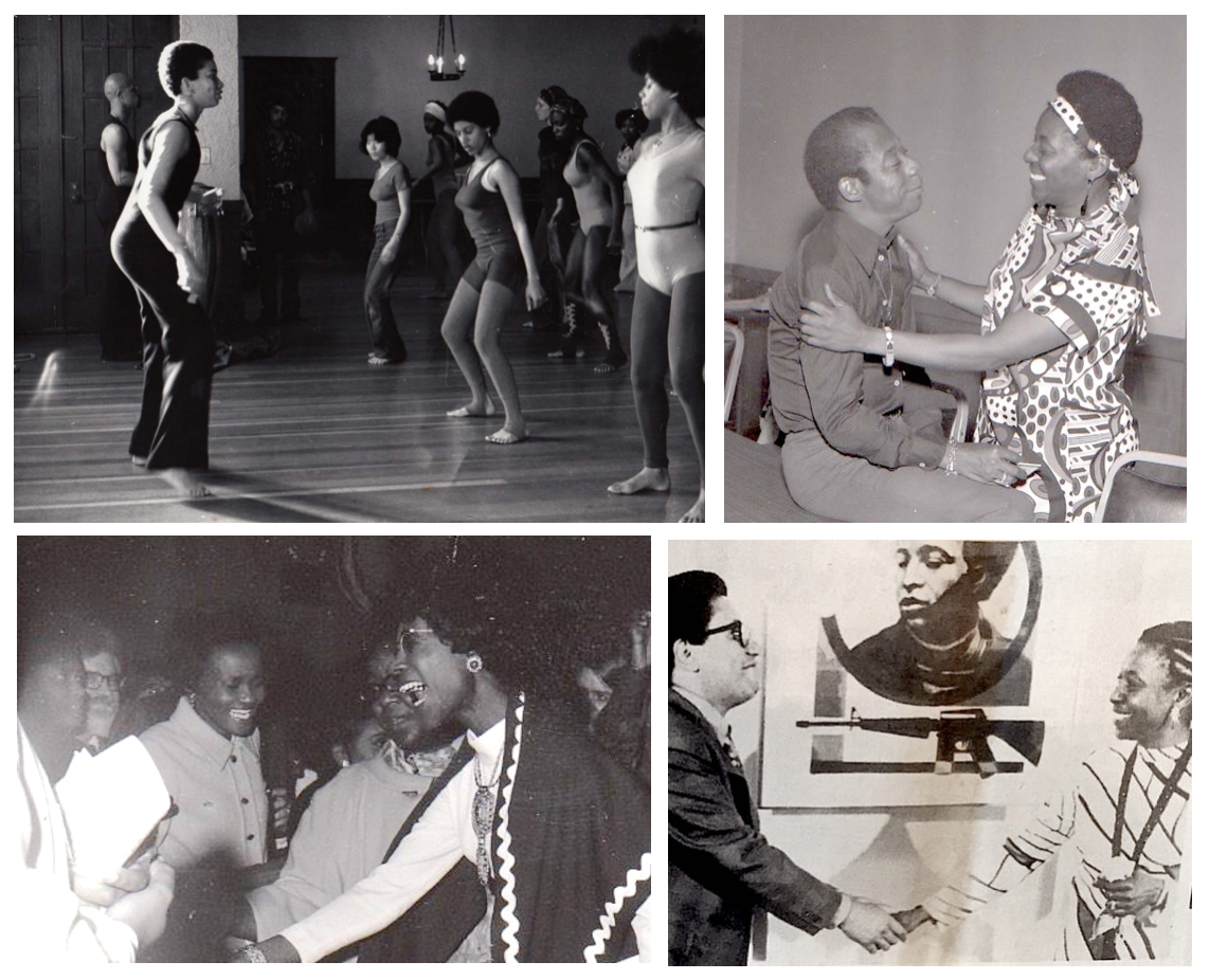 Group of four photographs. Top left shows a dance class. Top right shows James Baldwin with Mary Ann Pollar. Bottom left shows Shirley Chisholm at Rainbow Sign. Bottom right shows Herman Kofi Bailey shaking Mary Ann Pollar's hand.
