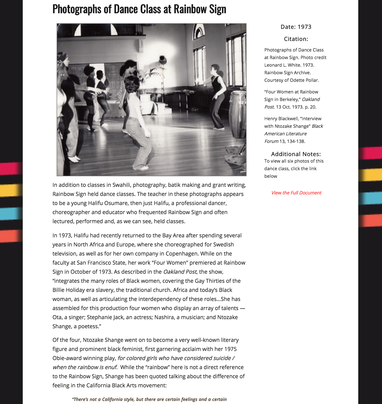 Screenshot showing one of the annotated sources used in the Rainbow Sign project. This page features a photograph and text about dance classes that took place at Rainbow Sign.
