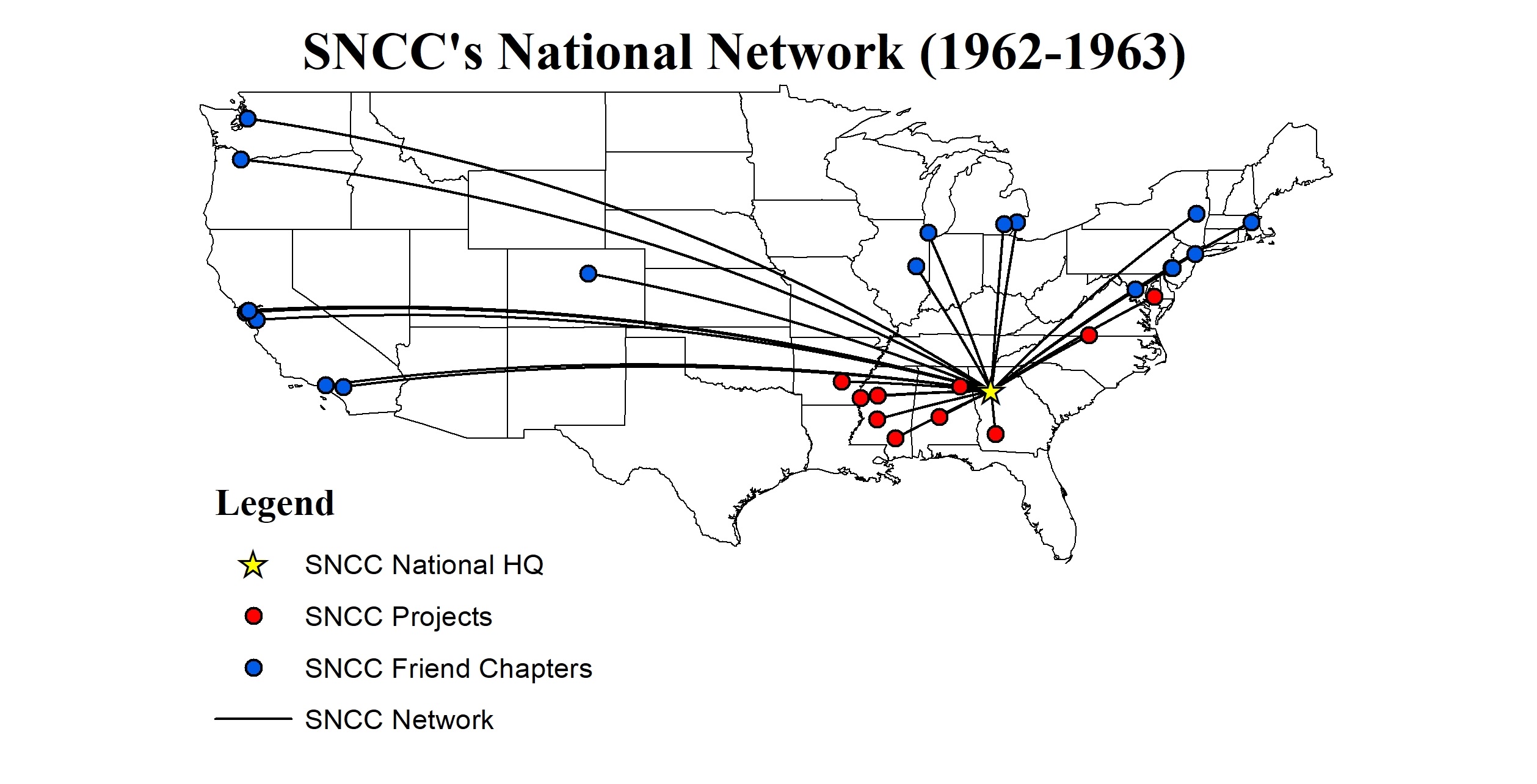 Map of the United States, showing the locations of SNCC Projects (in the south) and SNCC Friends Chapters (in the North), in relation to the national headquarters in Atlanta.