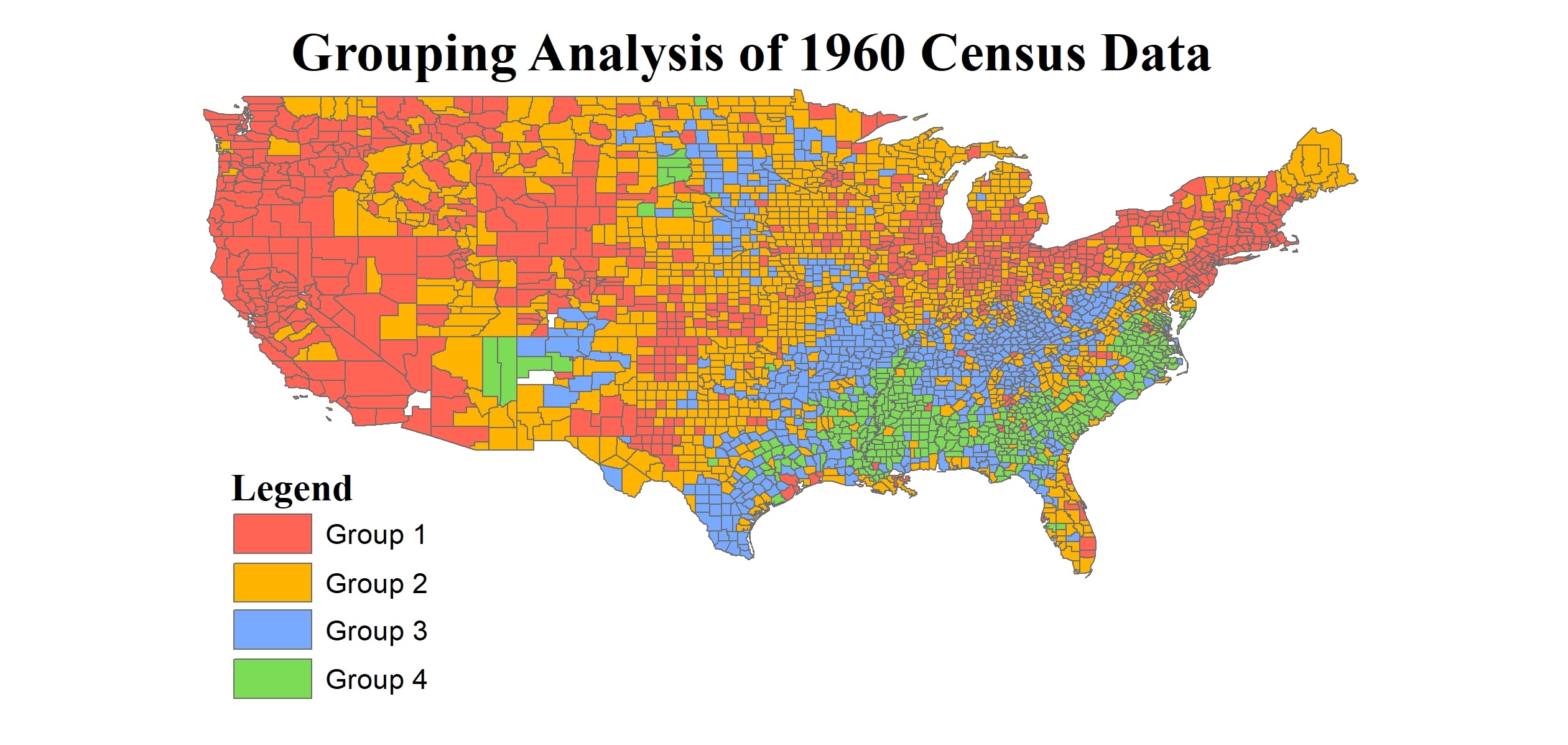 Map of the United States, showing counties colored with red, orange, blue, and green, to indicate their grouping.