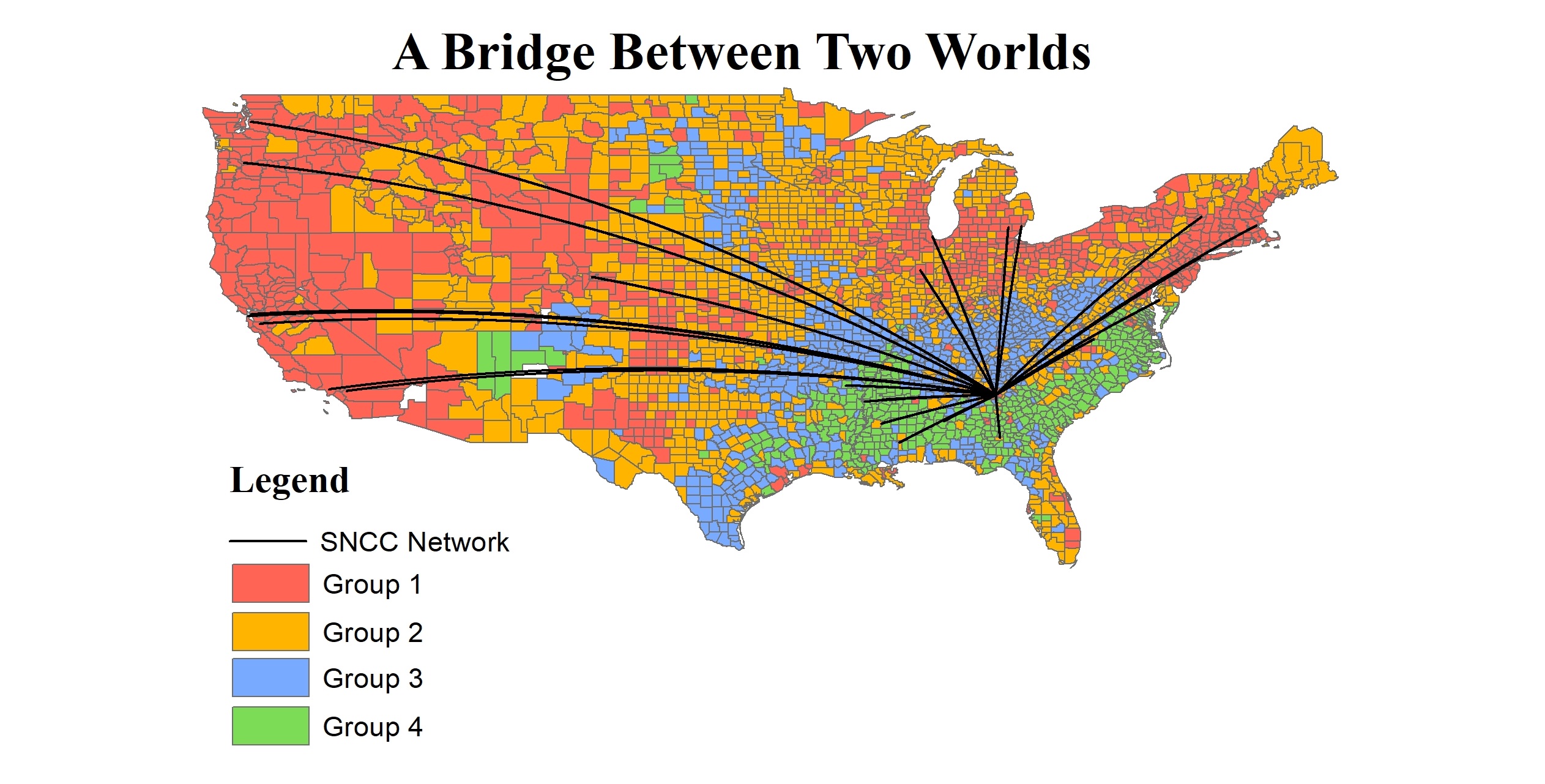 Map of the United States, showing counties colored with red, orange, blue, and green, to indicate their grouping. The connections between SNCC Projects, SNCC Friends Chapters, and the national headquarters in Atlanta, are superimposed on top. 