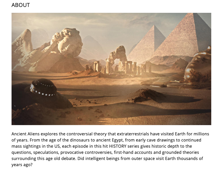 Screenshot from History's webpage for the show Ancient Aliens.