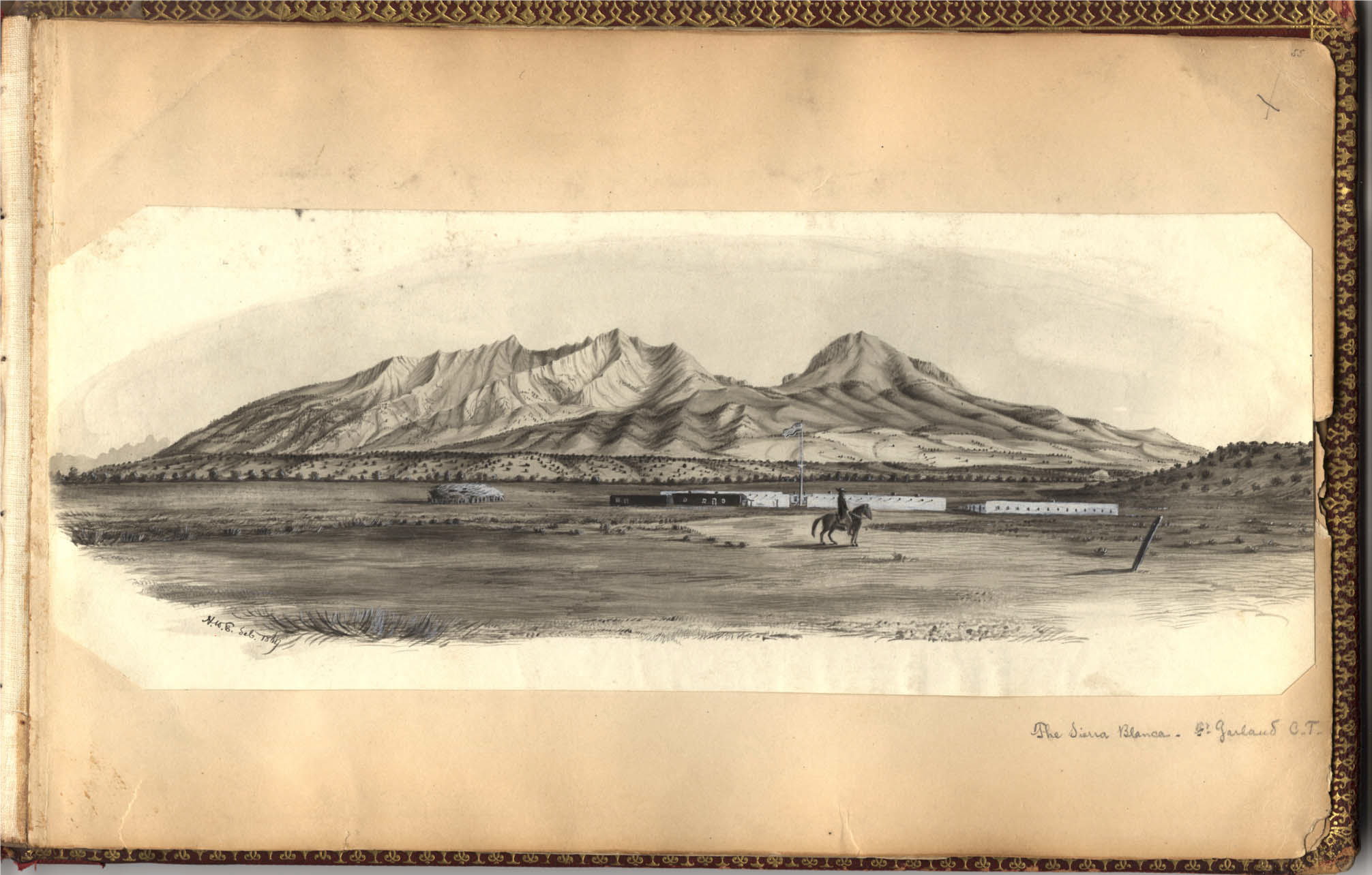 Sketch, with Sierra Blanca Massif in the background, and Fort Garland, an American flag on a flag pole, and a person on a horse in the foreground.