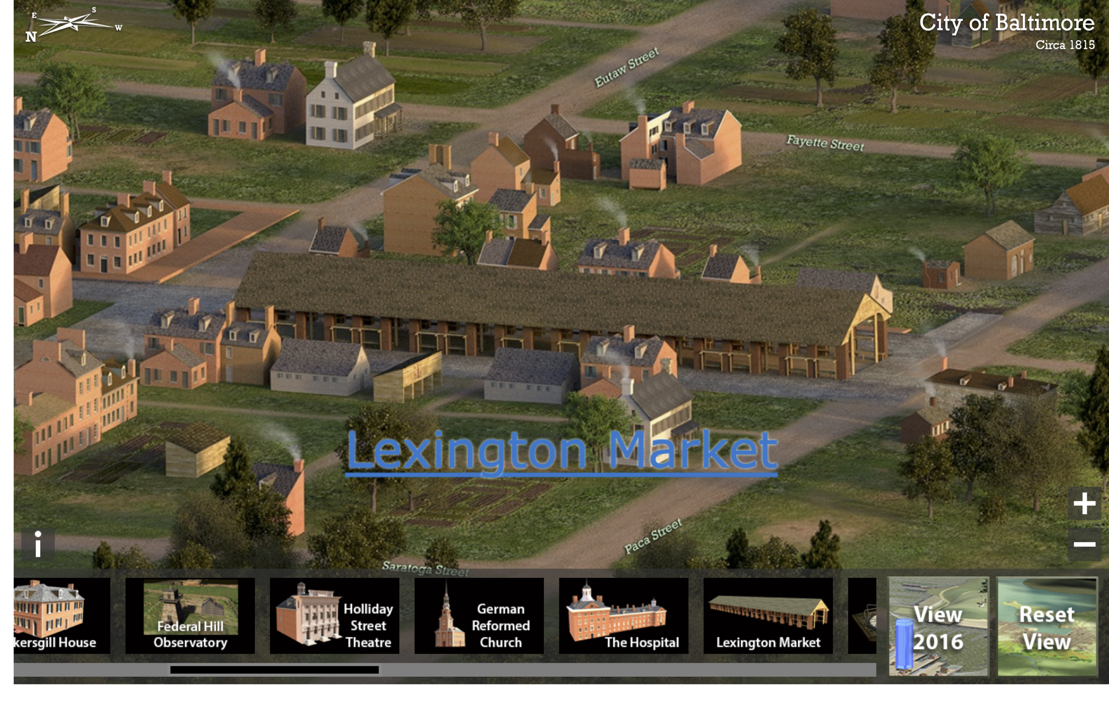 Close up of Baltimore’s Lexington Market at the intersection of Lexington and Paca Streets, where it is still located today.