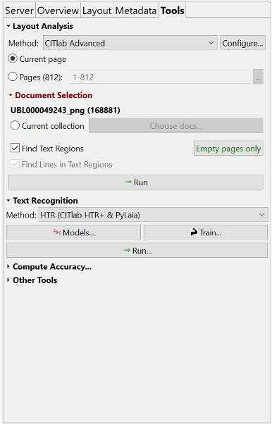  *Tool*tab with Layout Analysis, Document Selection, Text
Recognition.