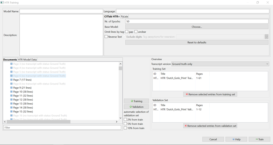 Model training, showing the selection of Ground Truth for an
HTR+ model.