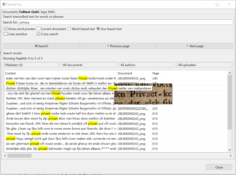 A full-text (SOLR) search on *Privacy* in Dutch Ordinances
(*Plakkaten*).