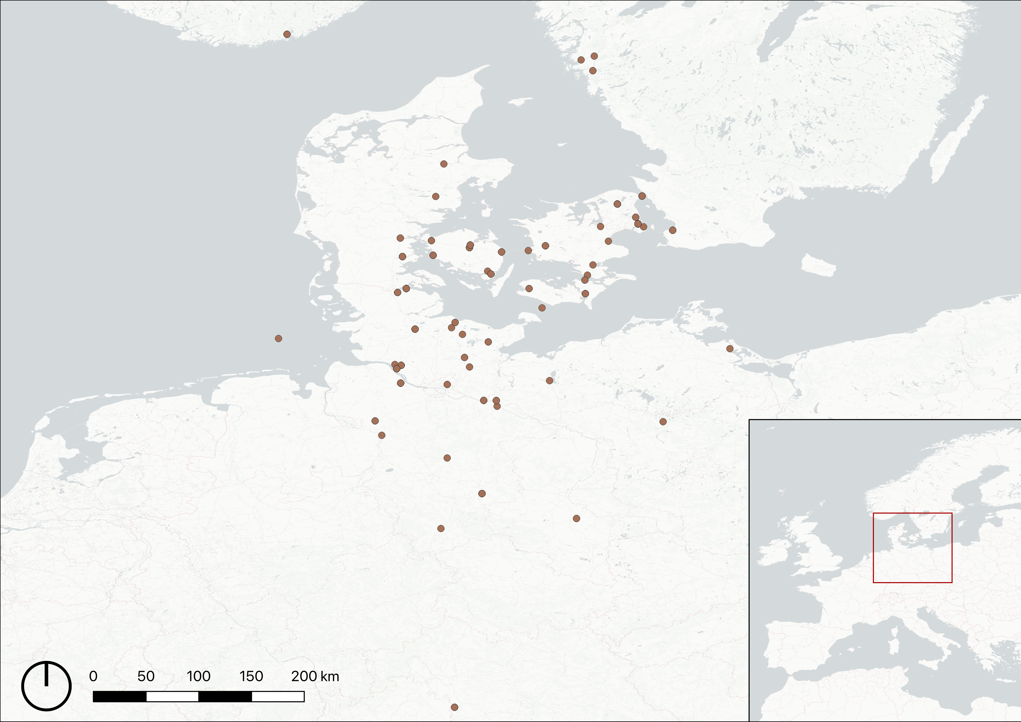 digital map of europe shwoing brown dots indicating locations for letters