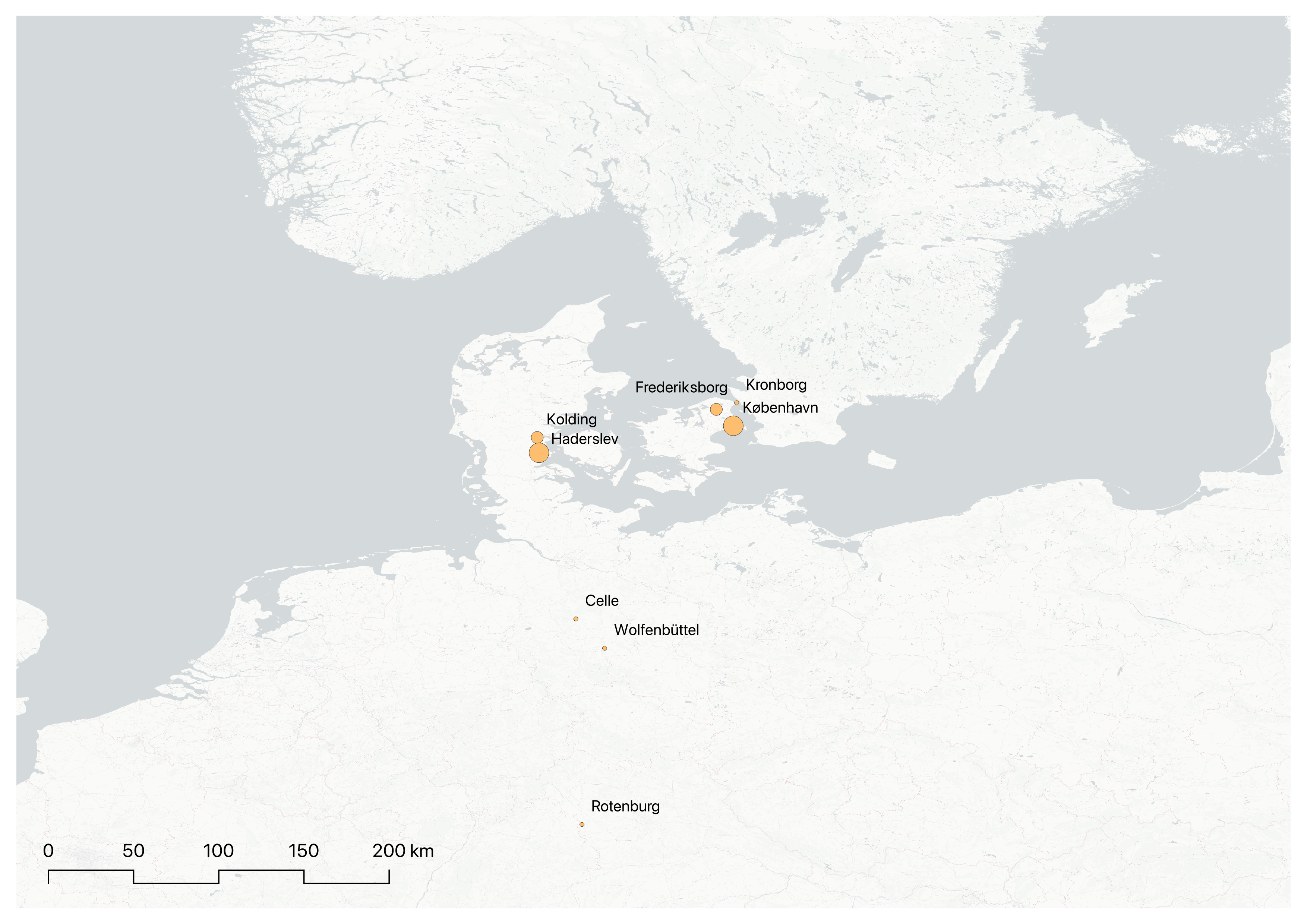a digital map of europe showing orange dots indicating location that are also labeled with european cities. the dots are of various sizes to indicate density
