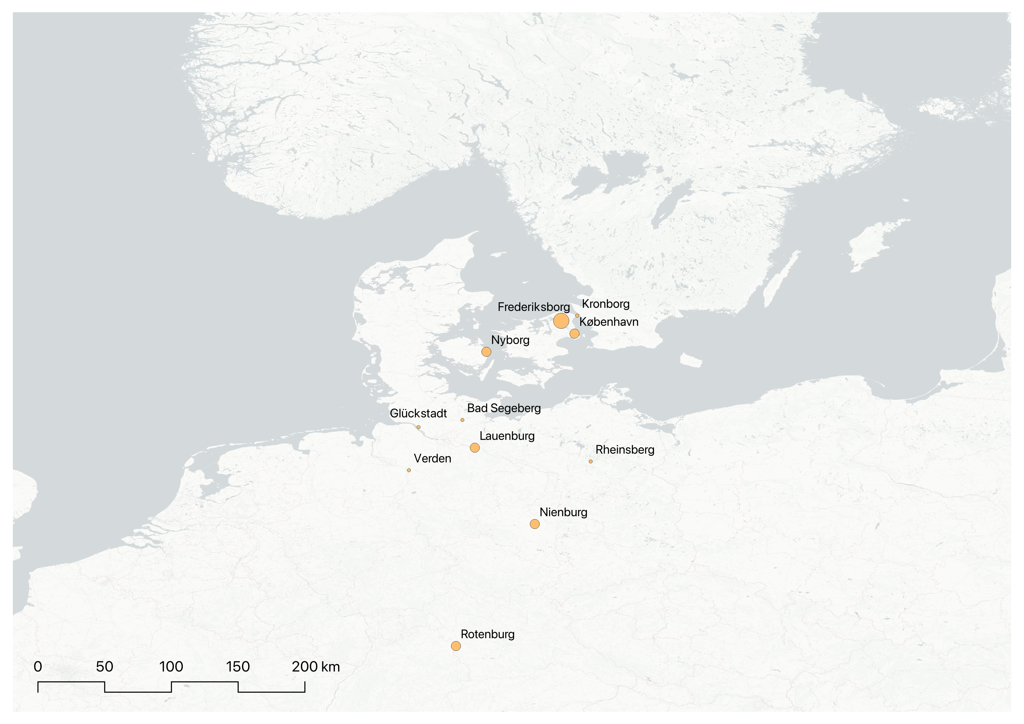 a digital map of europe showing orange dots indicating location that are also labeled with european cities. the dots are of various sizes to indicate density