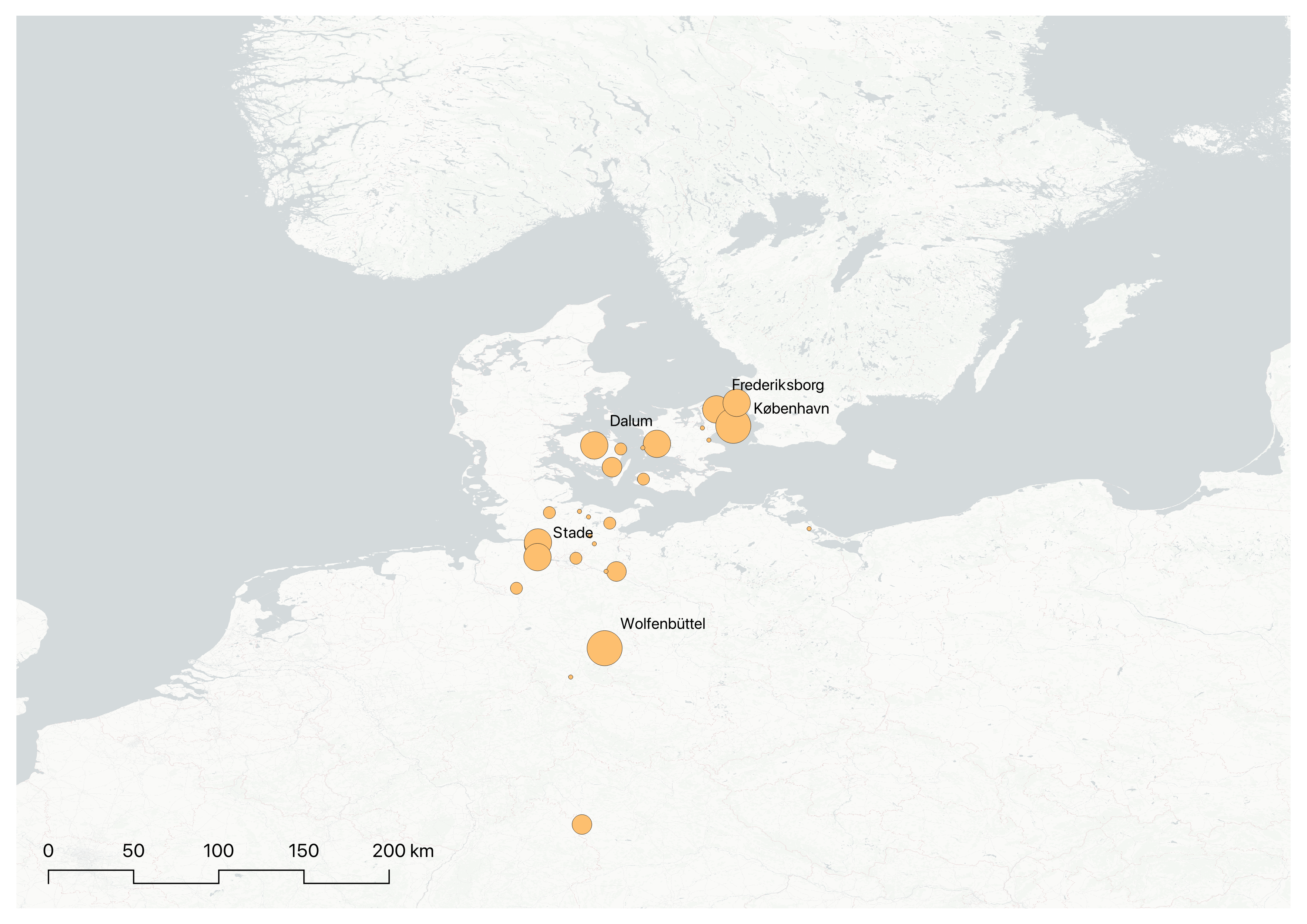 a digital map of europe showing orange dots indicating location that are also labeled with european cities. the dots are of various sizes to indicate density