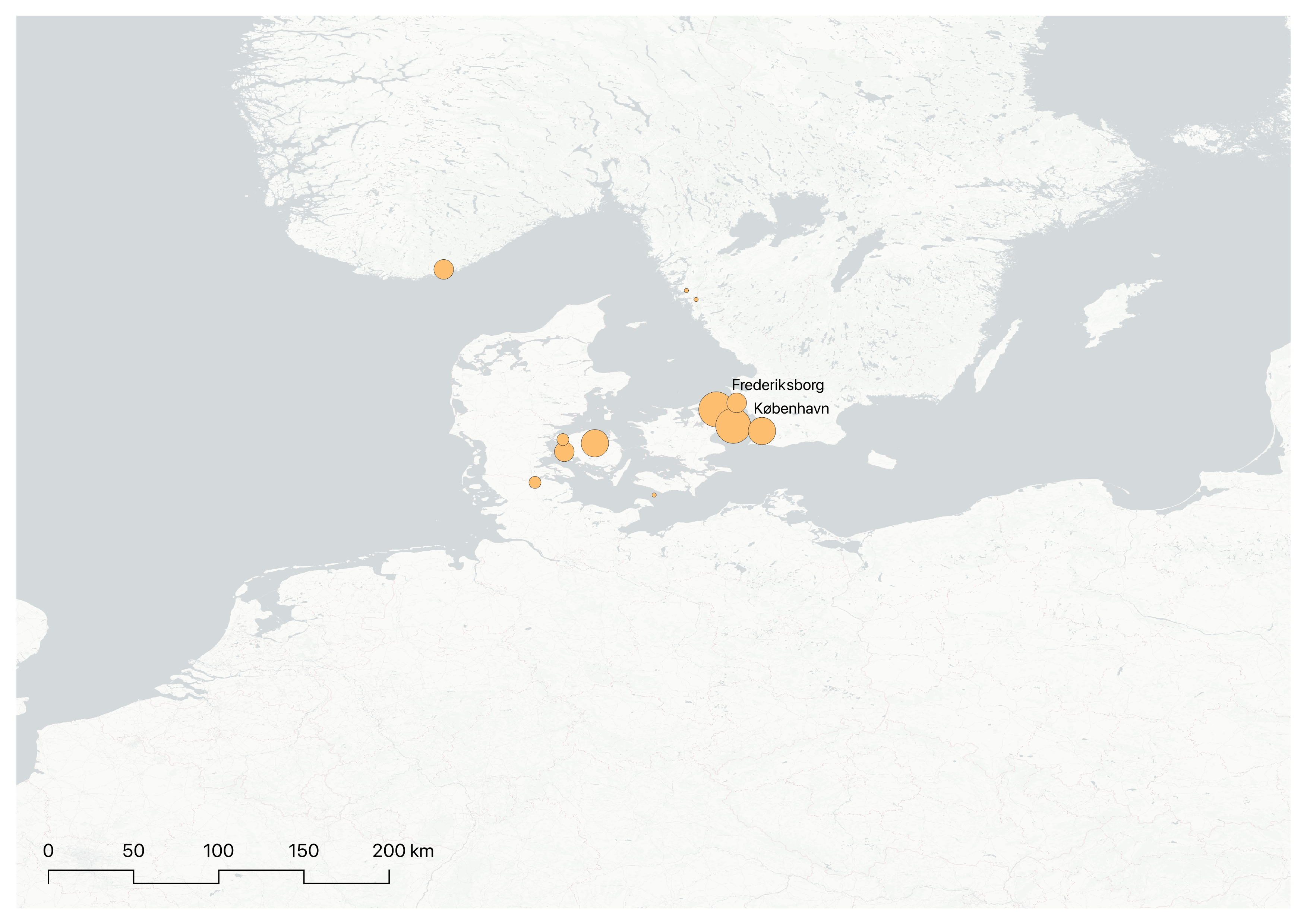 aa digital map of europe showing orange dots indicating location that are also labeled with european cities. the dots are of various sizes to indicate density