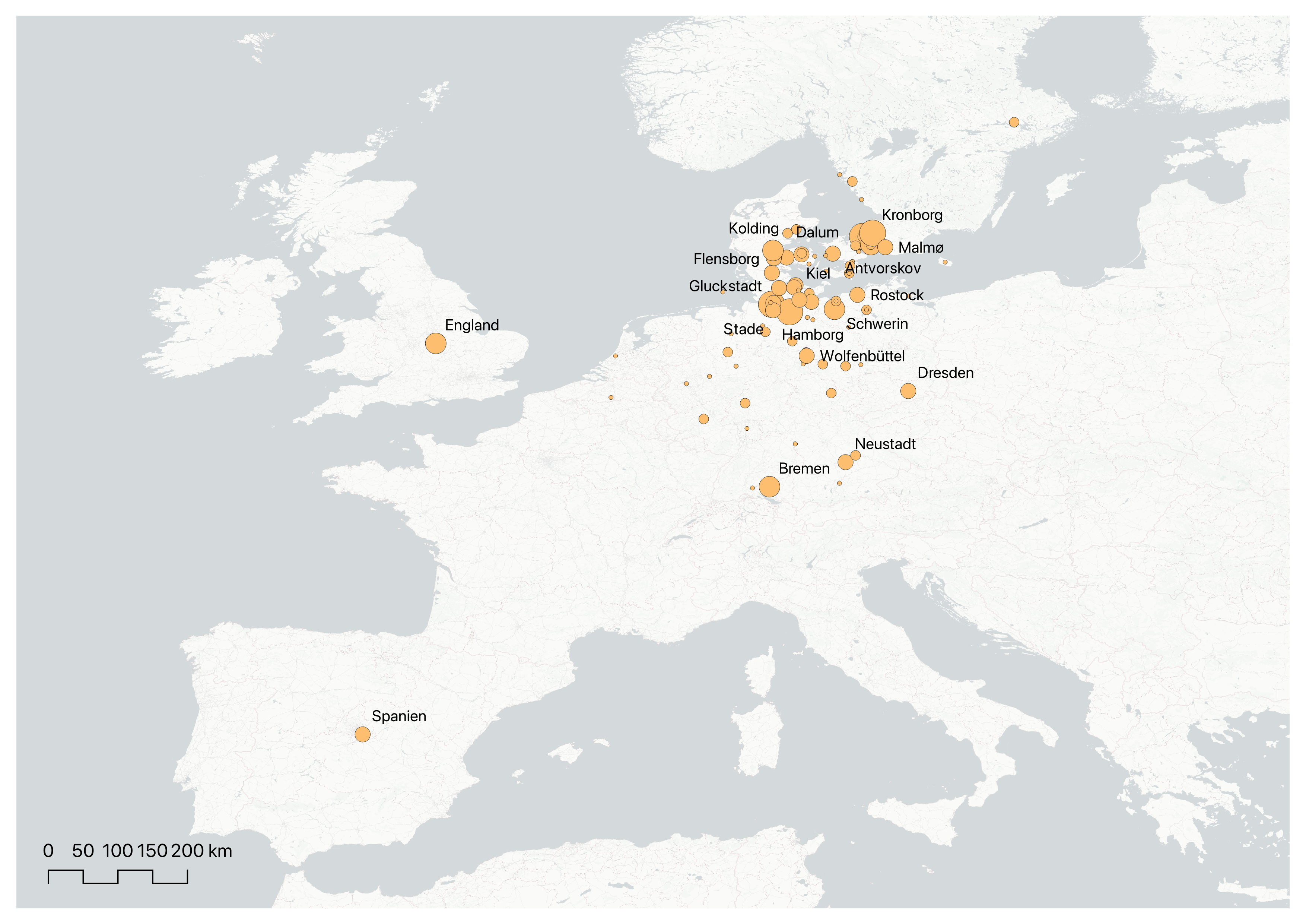 a larger digital map covering more area of europe showing orange dots indicating location that are also labeled with european cities. the dots are of various sizes to indicate density