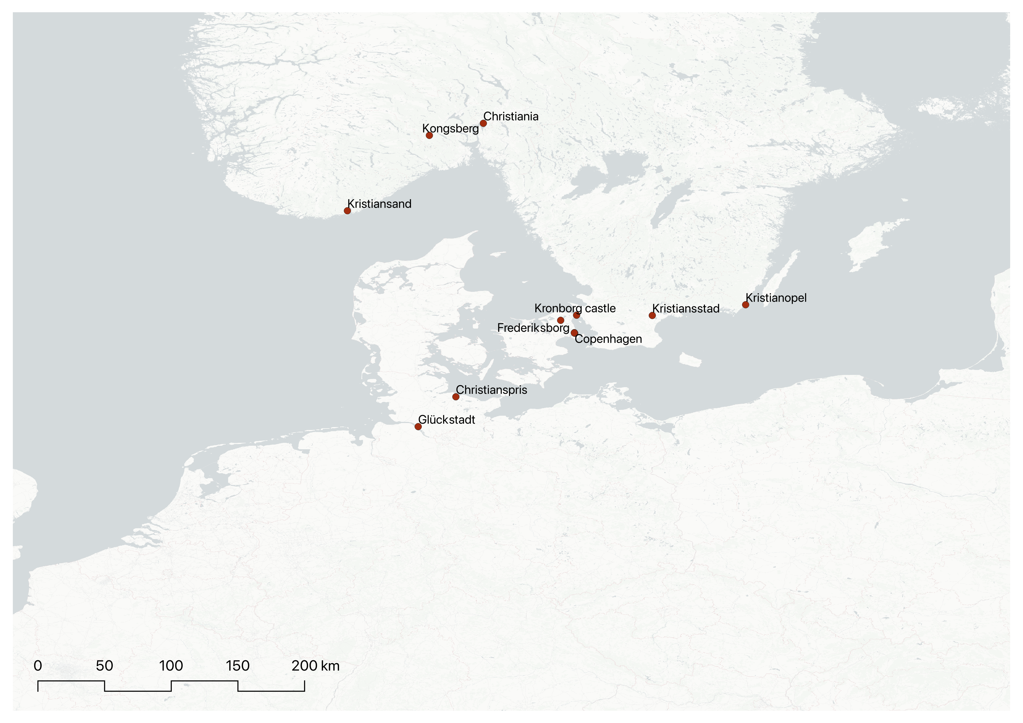 a digital map of europe showing maroon dots indicating locations