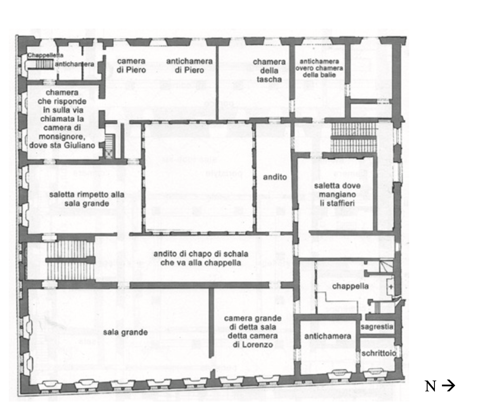 Floorplan of the Piano Nobile with room lables, stairwells, and halways denoted