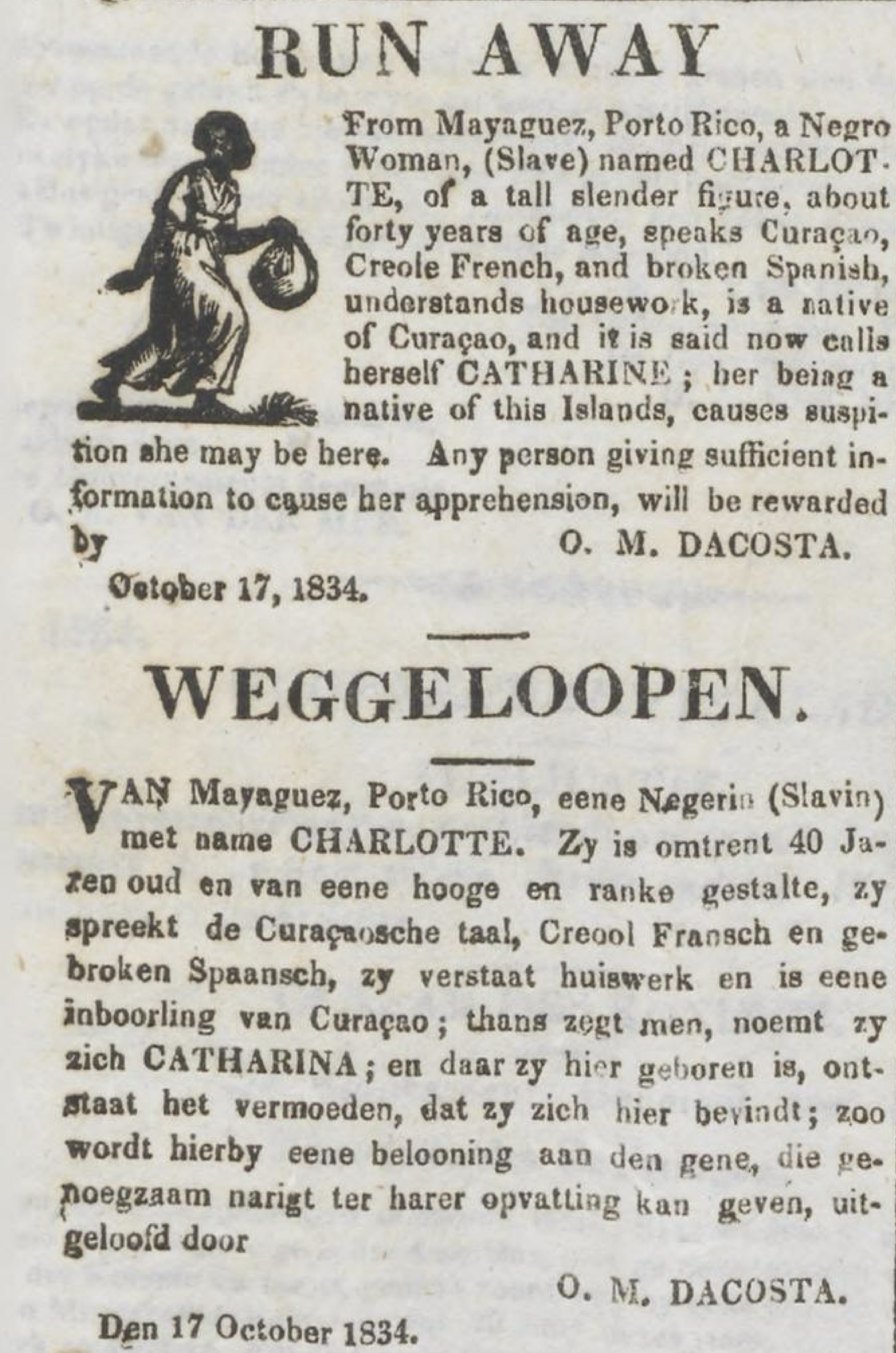 scan of a printed runaway slave ad in a newspaper from the 19th centruy. art depicting a person holding a bag and there are various names, dates, names, and titles